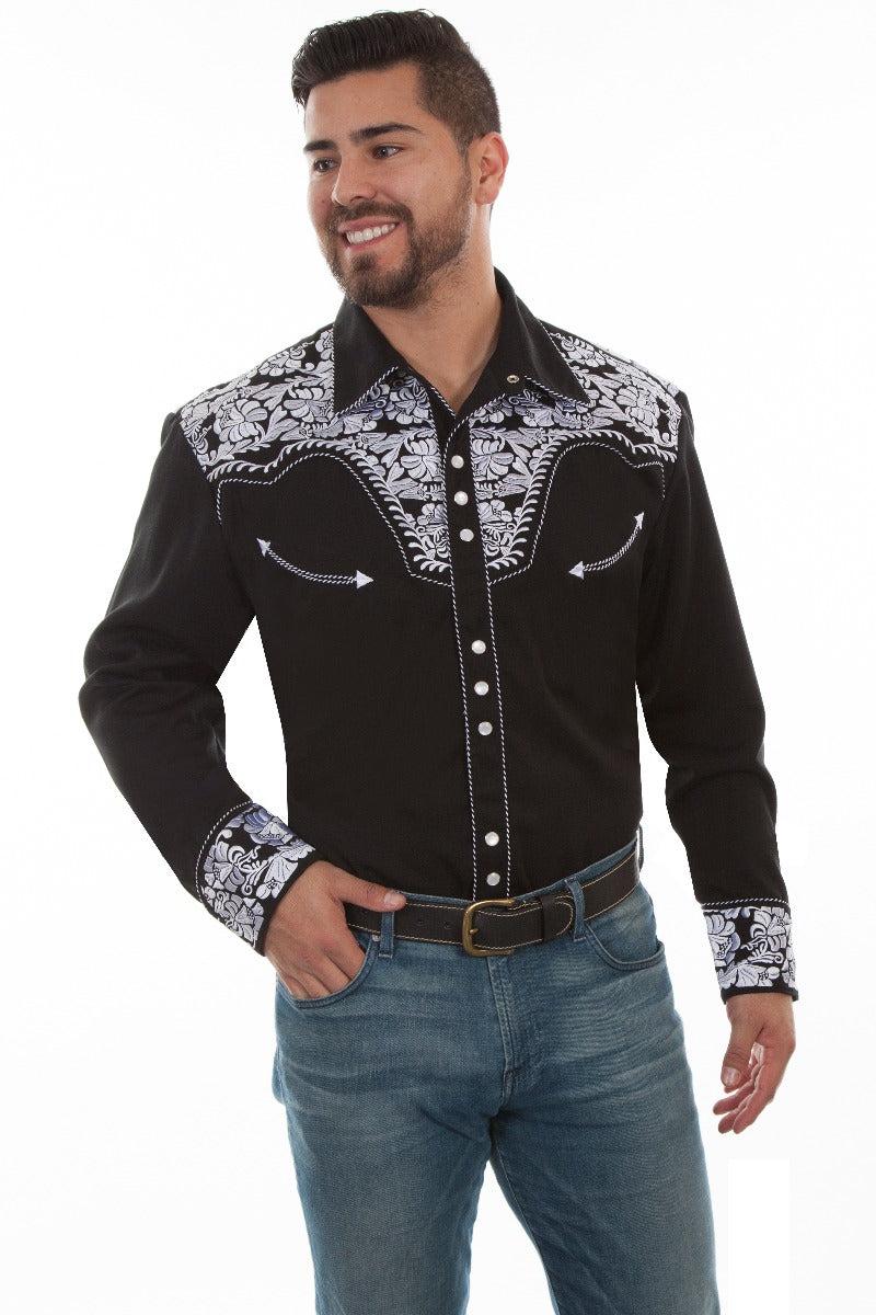 Scully Black White Men's Long Sleeve Snap Front Tooled Embroidered Shirt P-634