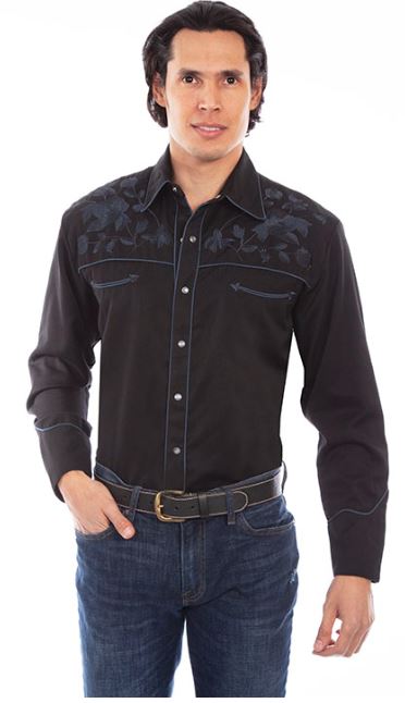 Scully Black with Floral Embroidery Men's Smiley Pocket Longsleeve Collared Snap Shirt P-893