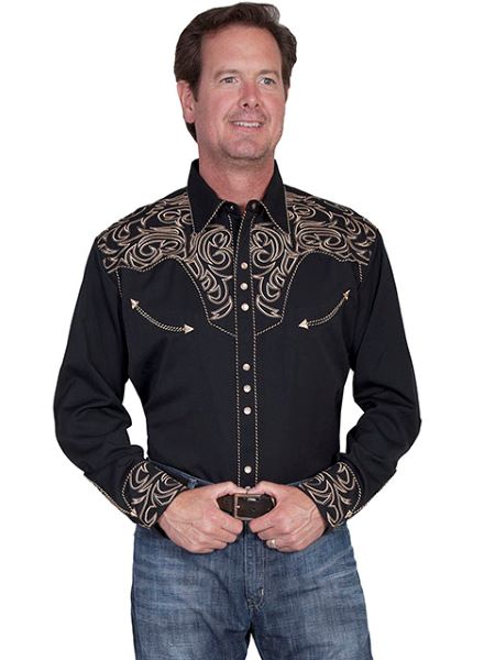 Scully Black with Tan Accents Mens Embroidered Scroll Shirt P-852