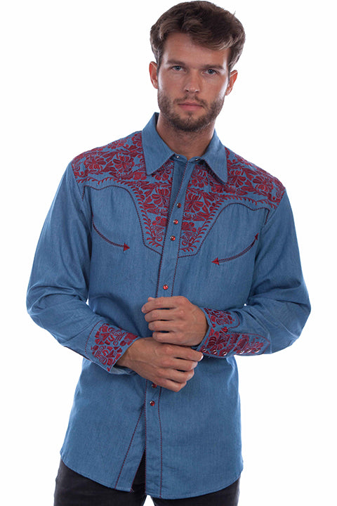 Scully Blue Cranberry Men's Long Sleeve Snap Front Tooled Embroidered Shirt P-634