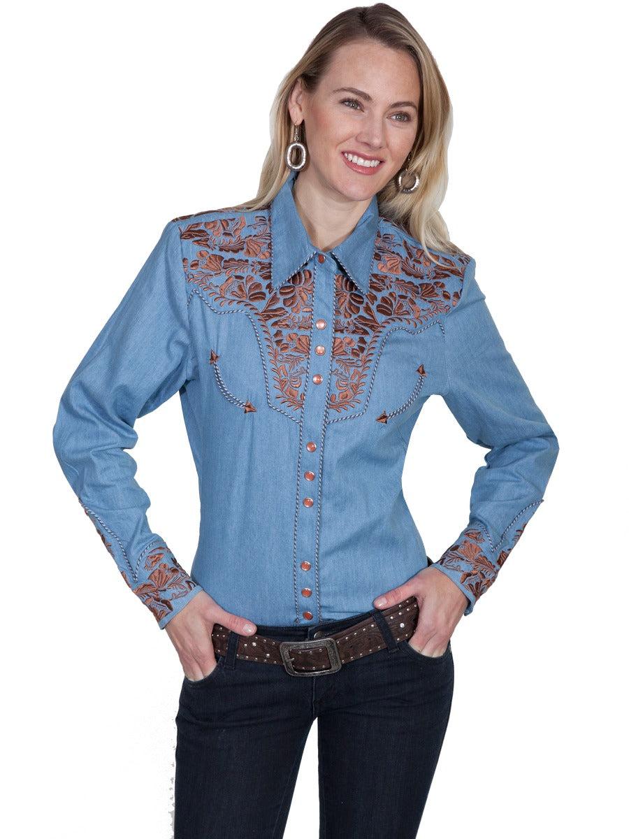 Scully Blue Floral Embroidered Womens Long Sleeve Snap Blouse Shirt PL-654