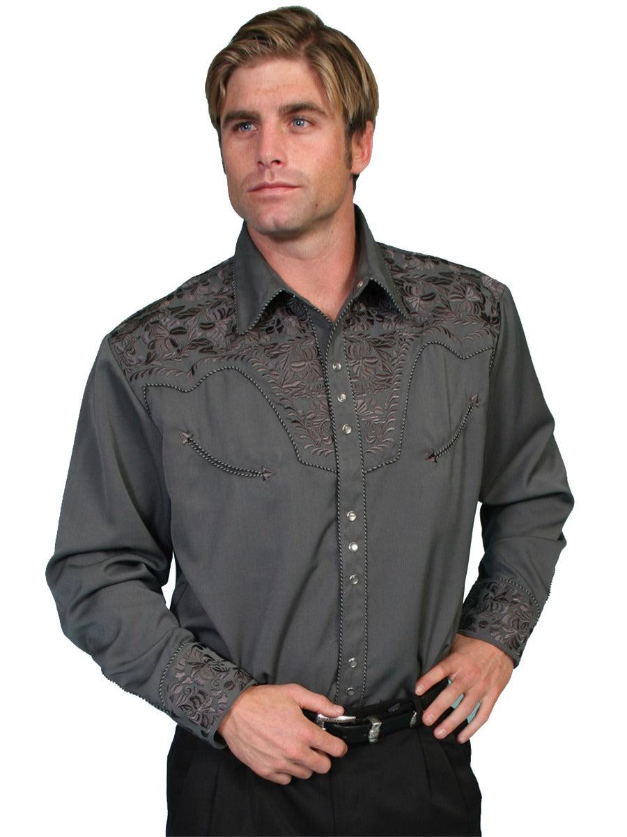 Scully Charcoal Men's Long Sleeve Snap Front Tooled Embroidered Shirt P-634