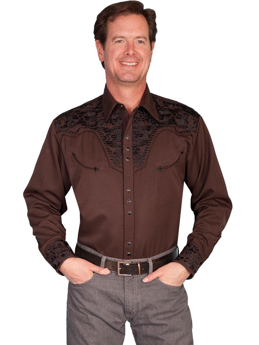 Scully Chocolate Men's Long Sleeve Snap Front Tooled Embroidered Shirt P-634