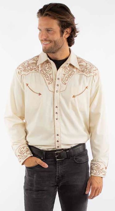 Scully Cream Collared Longsleeve Men's Snap Front Shirt with Embroidery P-852-CRM