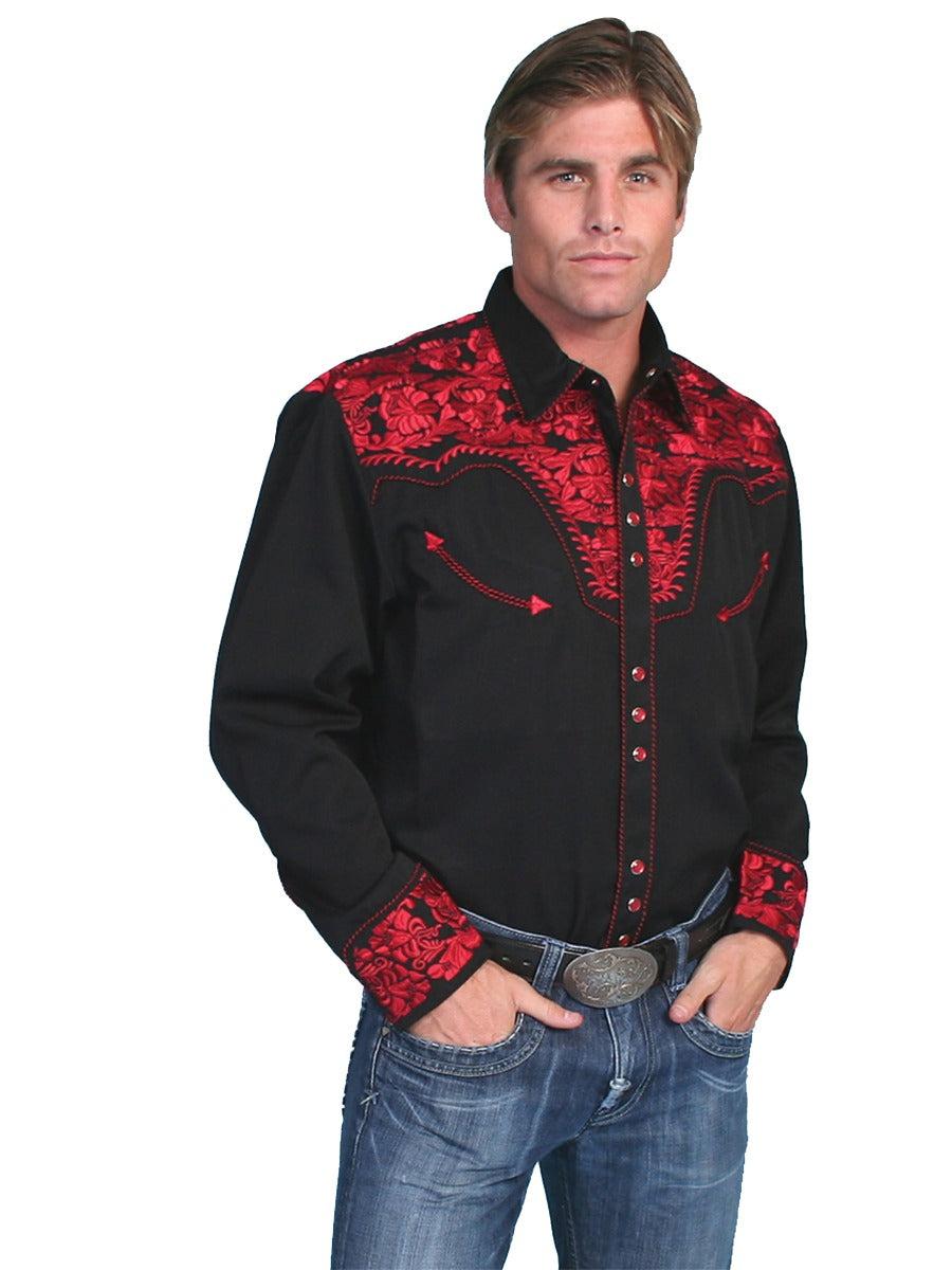 Scully Crimson Men's Long Sleeve Snap Front Tooled Embroidered Shirt P-634