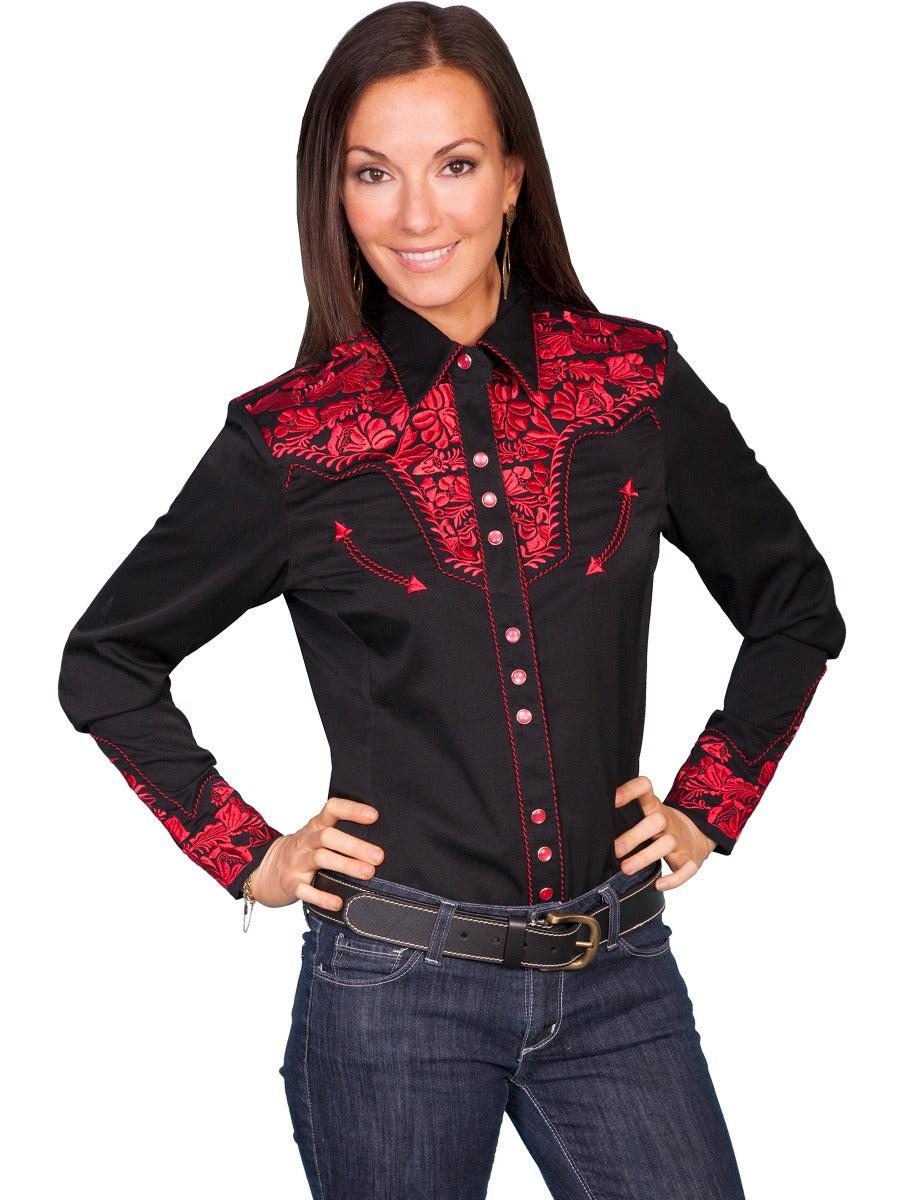 Scully Crimson Red Floral Embroidered Womens Long Sleeve Snap Blouse Shirt PL-654
