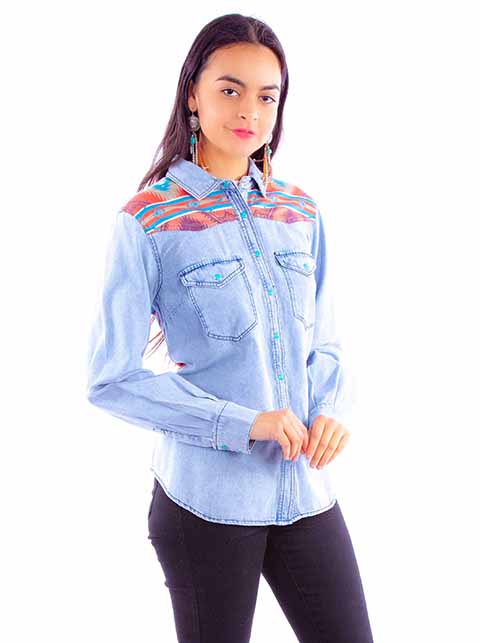 Scully Denim Aztec Scene Womens Long Sleeve Snap Shirt HC916