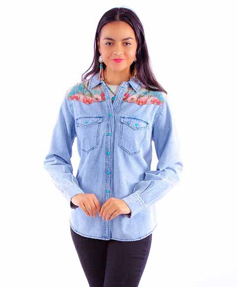 Scully Denim Cactus Scene Womens Long Sleeve Snap Shirt HC901