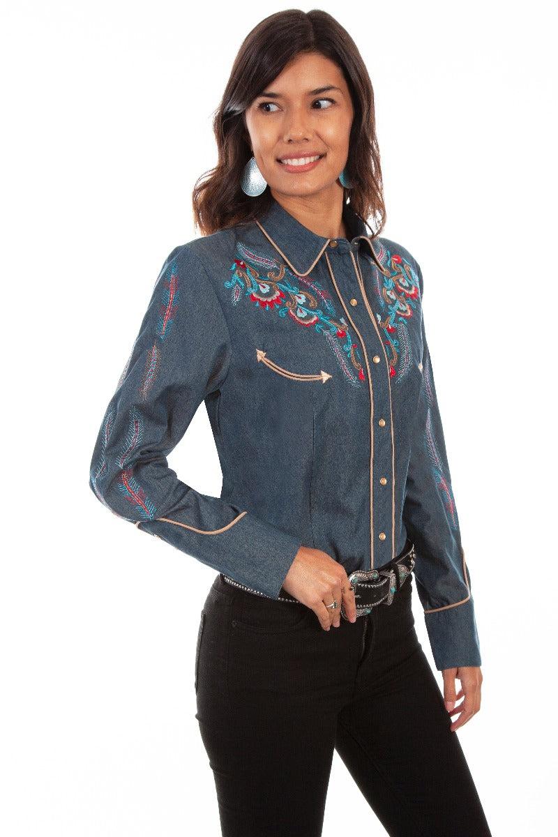 Scully Denim western shirt with floral and feather embroidery PL878 DEN ***Online Only