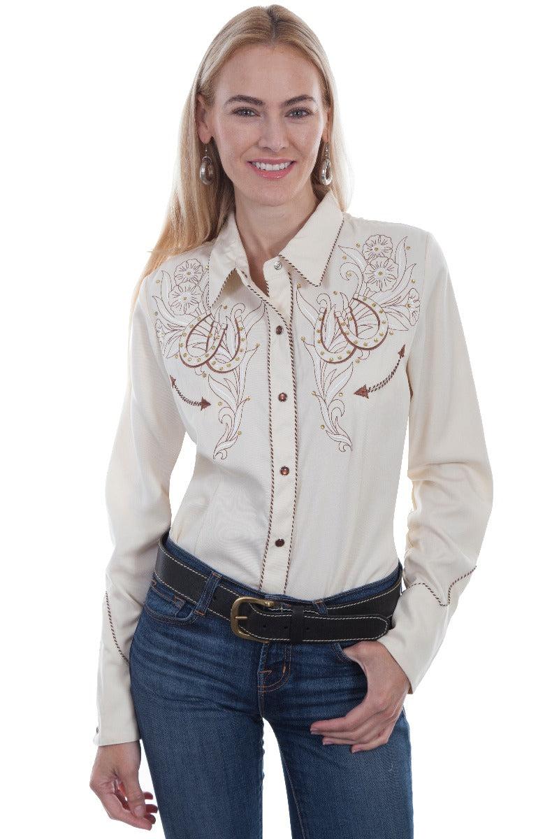 Scully Embroidered Roses and horseshoes snap front western shirt PL873 CRM ***Online Only