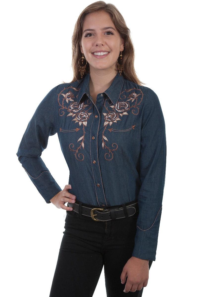 Scully Embroidered roses and longhorn skull snap front western shirt PL872 DEN ***Online Only