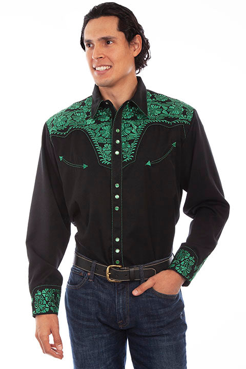 Scully Emerald Men's Long Sleeve Snap Frontl Tooled Embroidered Shirt P-634