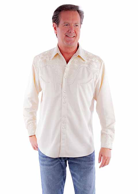 Scully Ivory Men's Long Sleeve Snap Front Tooled Embroidered Shirt P-634