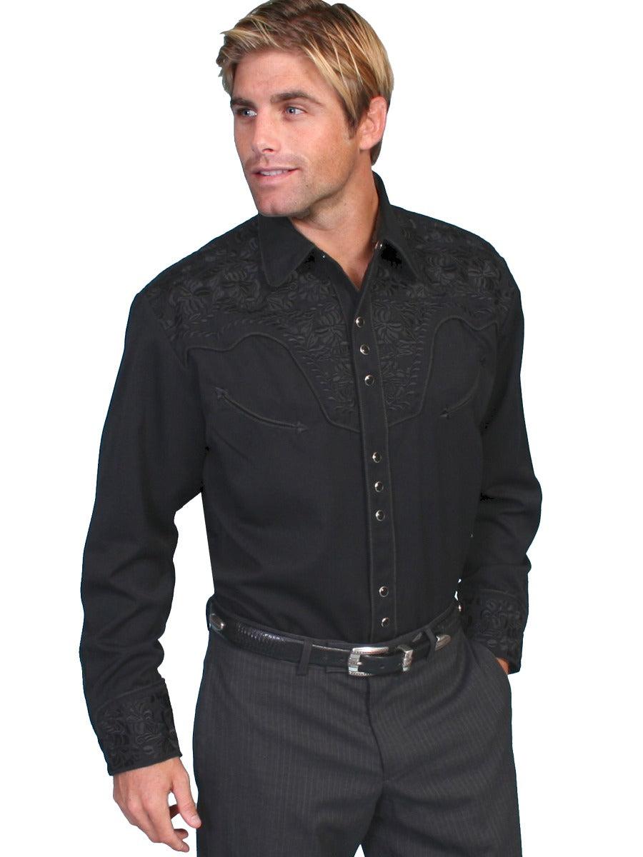 Scully Jet Black Men's Long Sleeve Snap Front Tooled Embroidered Shirt P-634