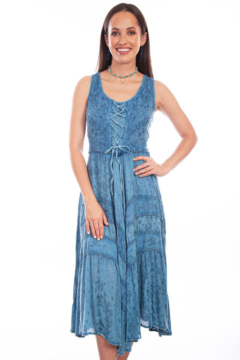 Scully Light Denim Full Length Lace-Up Front Womens Sleeveless Dress HC118