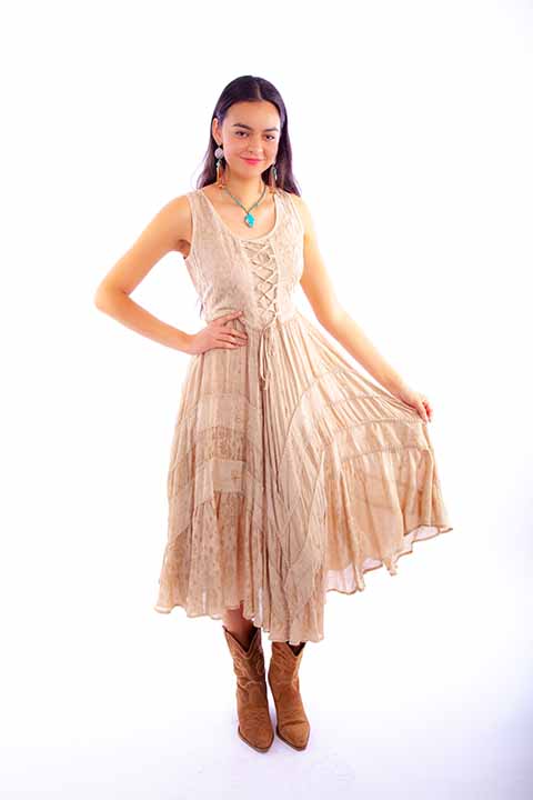 Scully Light Latte Full Length Lace-Up Front Womens Sleeveless Dress HC118