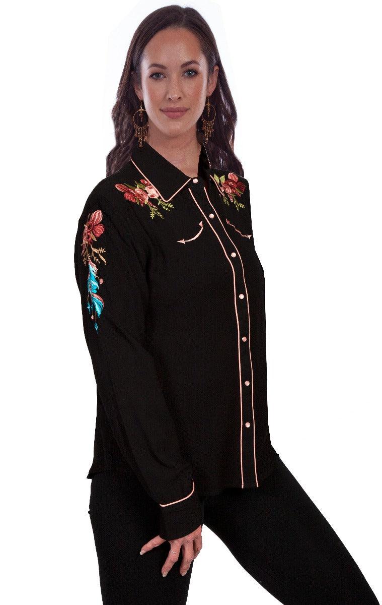 Scully longhorn and floral embroidered western snap shirt PL895 BLK ***Online Only