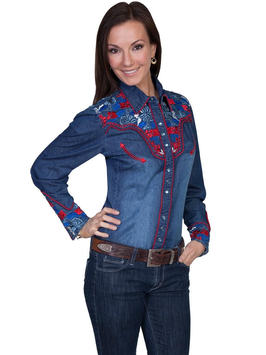 Scully Multi colored embroidered yoke and sleeve western shirt PL654C DEN ****Online Only