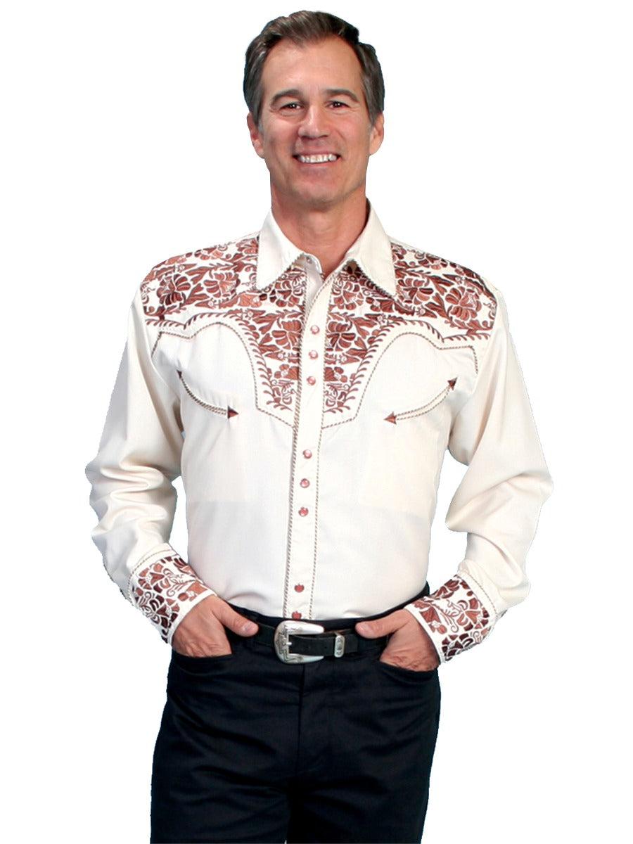 Scully Natural Men's Long Sleeve Snap Front Tooled Embroidered Shirt P-634