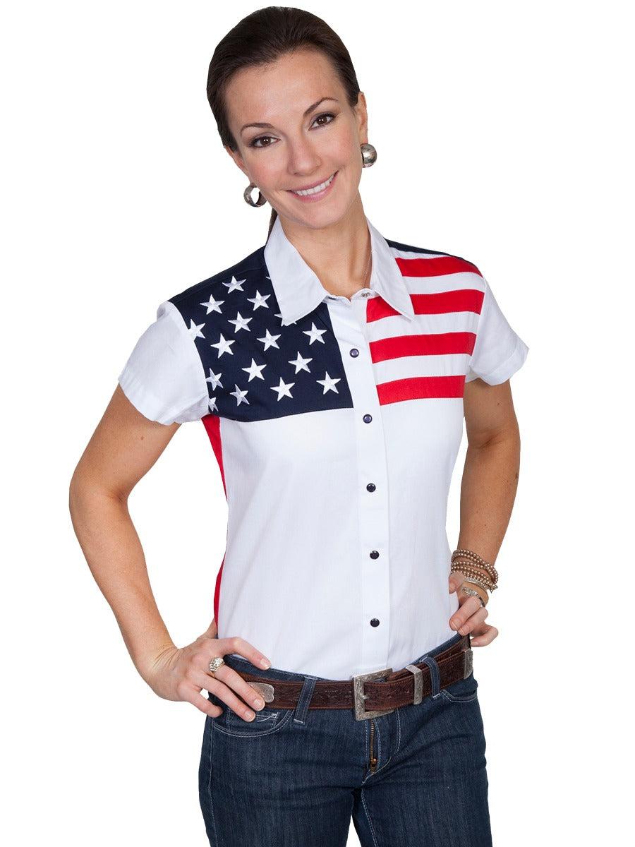 Scully Patriotic Collection cap sleeve color block snap front shirt PL756SS WHT ***Online Only