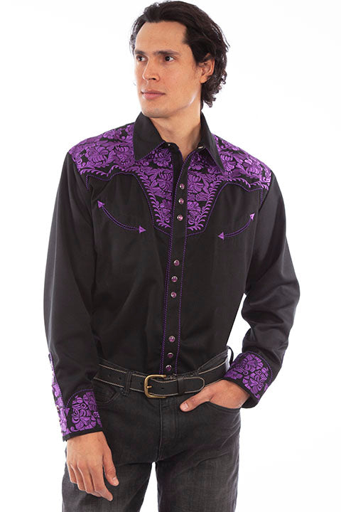 Scully Purple Men's Long Sleeve Snap Front Tooled Embroidered Shirt P-634