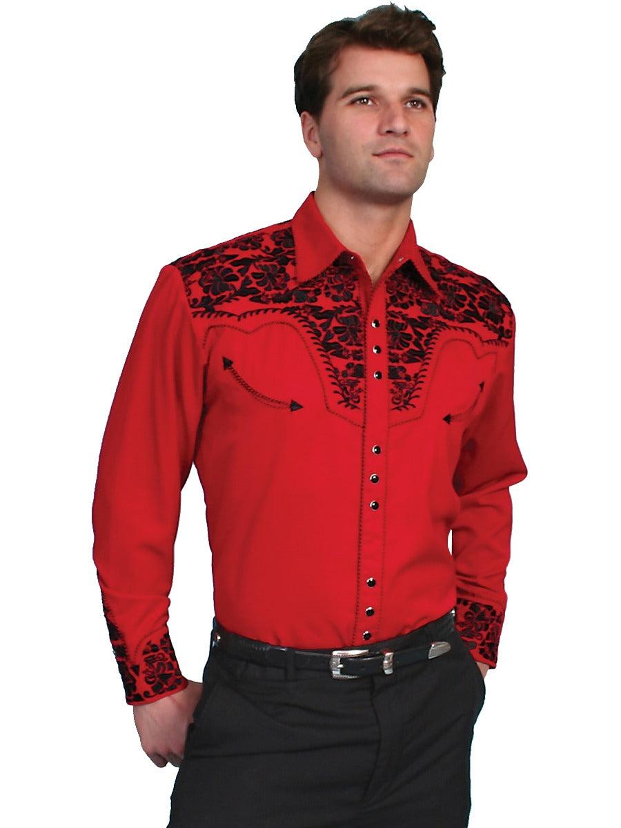 Scully Red Men's Long Sleeve Snap Front Tooled Embroidered Shirt P-634
