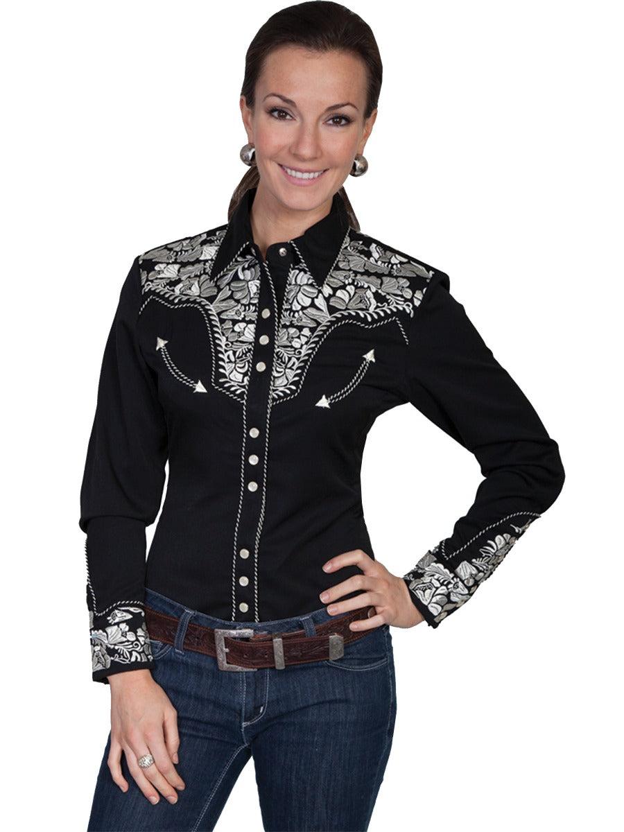 Scully Silver Floral Embroidered Womens Long Sleeve Snap Blouse Shirt PL-654