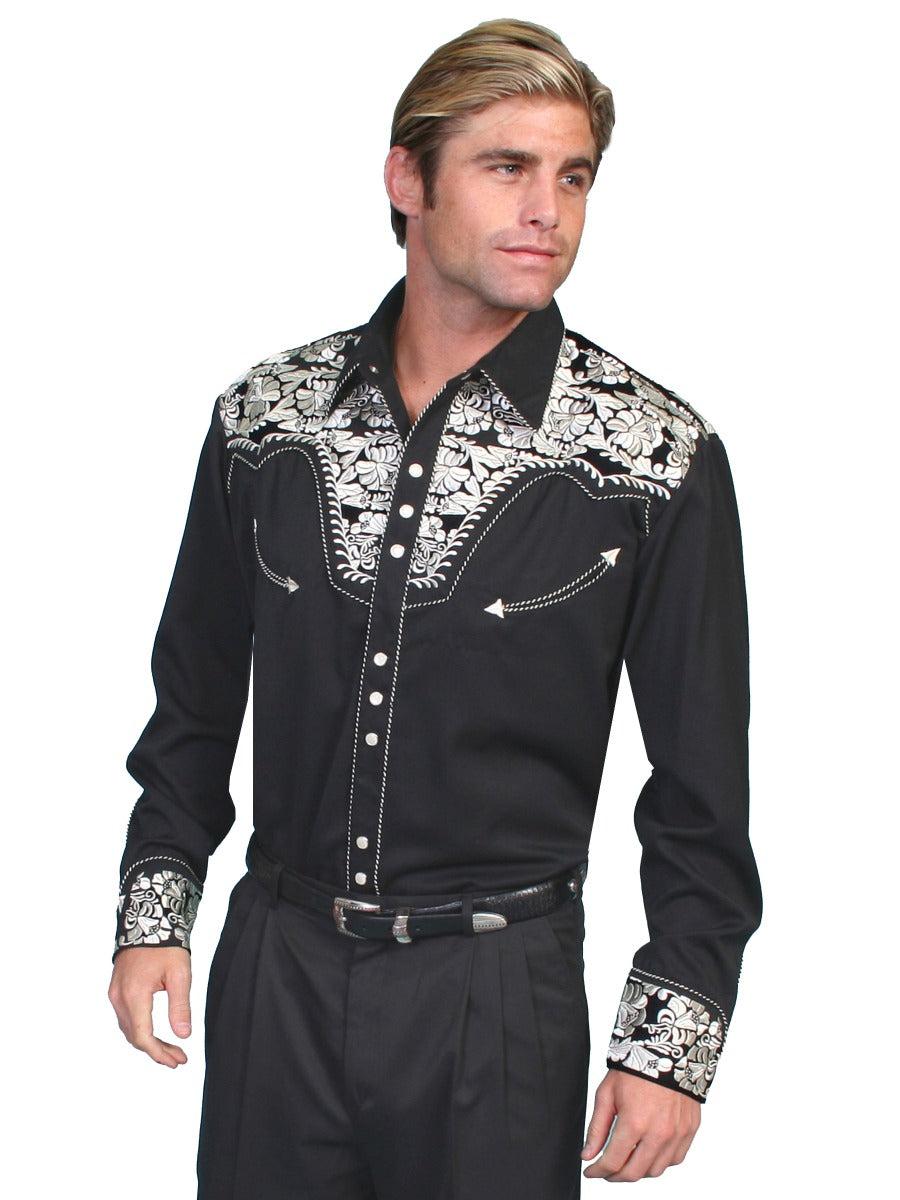 Scully Silver Men's Long Sleeve Snap Front Tooled Embroidered Shirt P-634