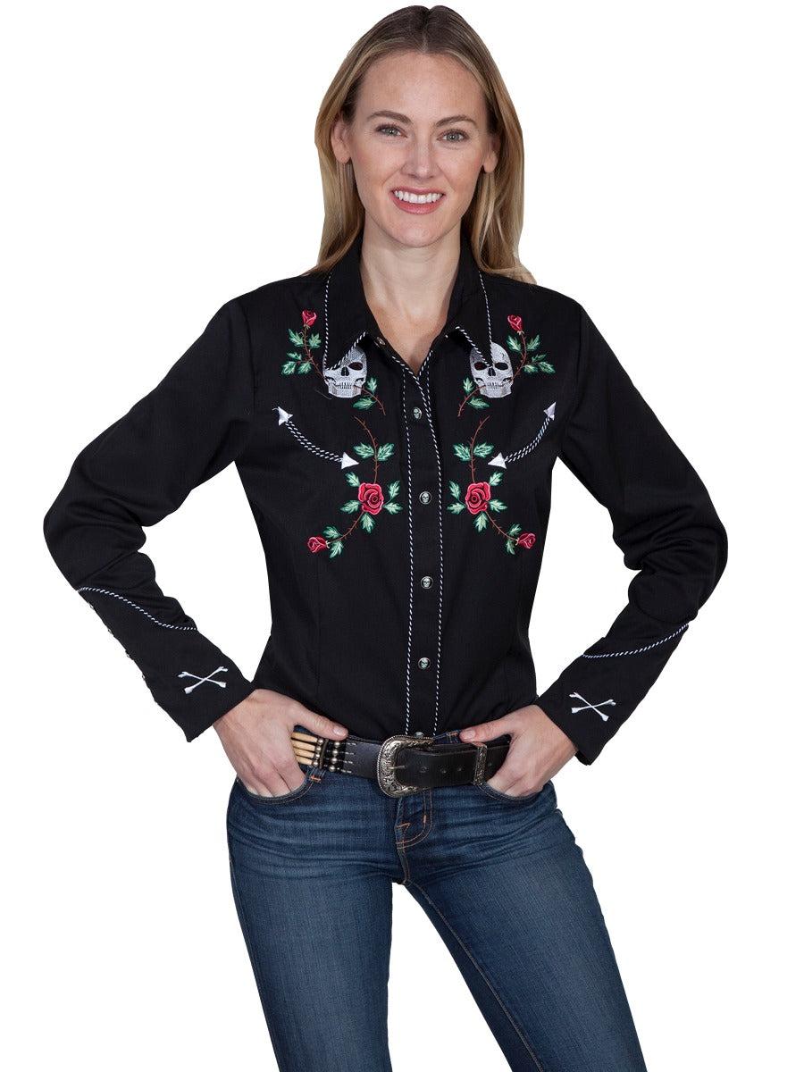 Scully Skulls and Roses embroidered snap frot western shirt PL771 BLK ****Online Only