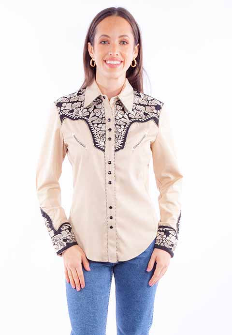 Scully Tan Floral Embroidered Womens Long Sleeve Snap Blouse Shirt PL-654