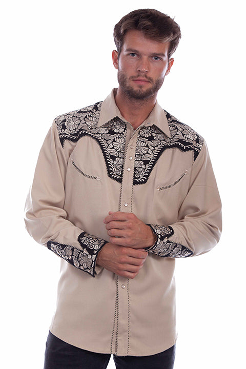 Scully Tan Men's Long Sleeve Snap Front Tooled Embroidered Shirt P-634