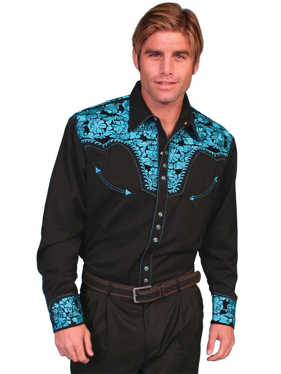Scully Turquoise Men's Long Sleeve Snap Front Tooled Embroidered Shirt P-634