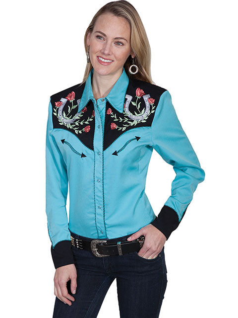 Scully Turquoise Women's Collared Longsleeve Shirt with Horseshoe/Rose Embroidered Yoke PL-637TUR