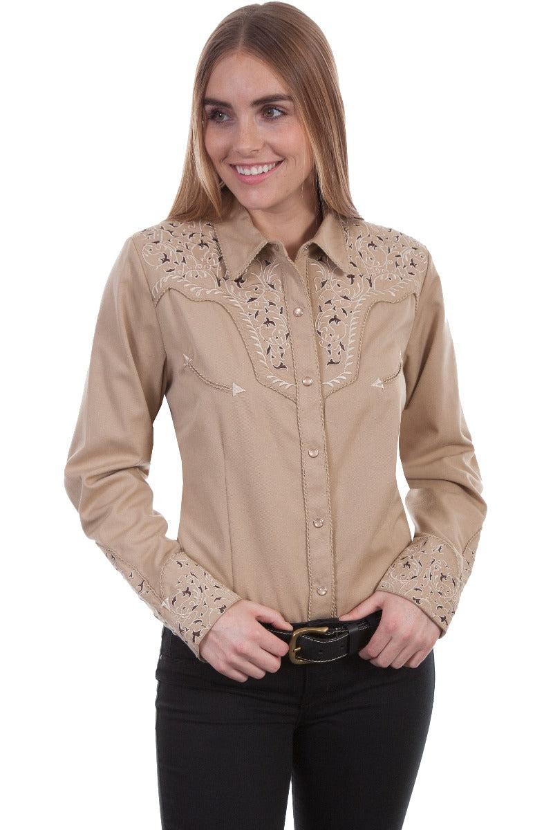 Scully Two Tone scroll embroidered snap front western shirt PL866 TAN ***Online Only