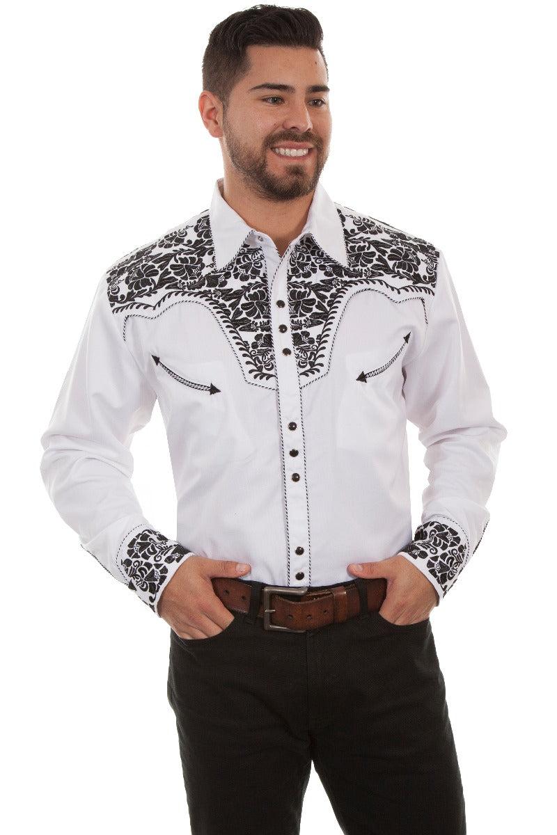 Scully White/Black Men's Long Sleeve Snap Front Tooled Embroidered Shirt P-634