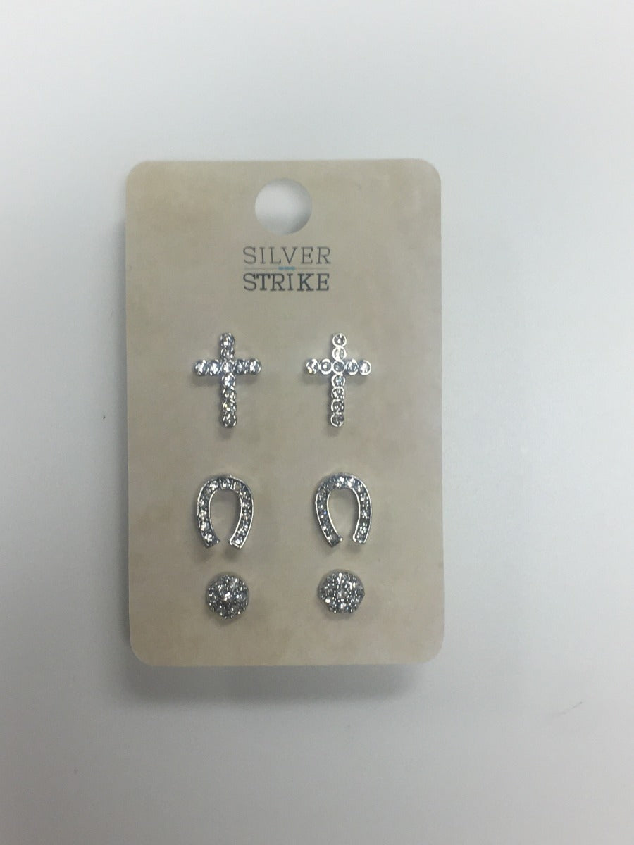Silver Strike 3 Pair Set of Stud Western Earrings D4600116