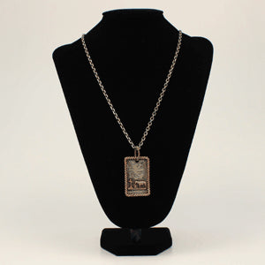 Silver Strike Antique Silver Men's Dog Tag Necklace with Praying Cowboy and Floral Scrolling D47005