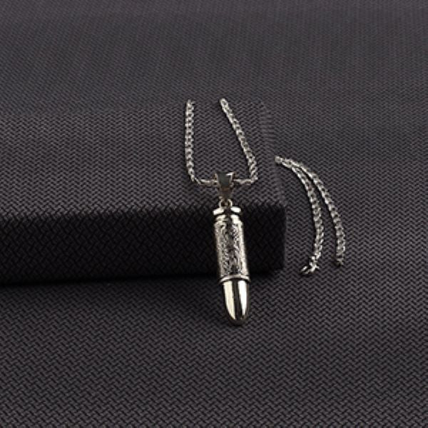 Silver Strike Men's Bullet Pendant Engraved Necklace D47136
