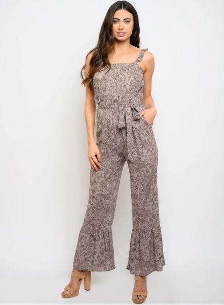 Slate Grey Floral Self Tie Bell Legs Womens Jumpsuit DD-4-F-JJ3570