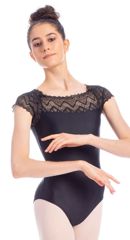 So Danca Black Adult Cap Sleeve Leotard wth Lace RDE-1905-BLACK