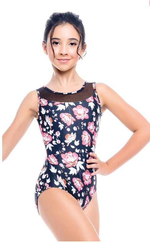 So Danca Black Floral Child Leotard with Mesh Inserts L-1869-BLACK