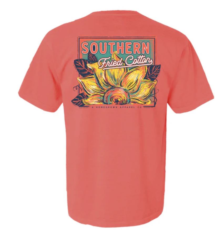 Southern Fried Cotton Bright Salmon Sunflower Fields Forever Short Sleeve T-Shirt SFM12055