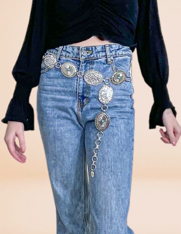 Southern Grace Silver with Turquoise Color Stones and Rhinestone Women's Concho Belt B91252CLR-REG