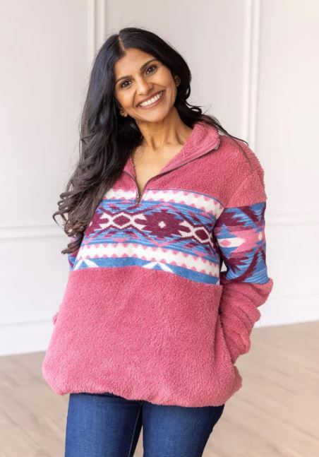 Southern Grace Trend Seeker Blush Pink Aztec Sherpa Half Zipper Sherpa 9109E