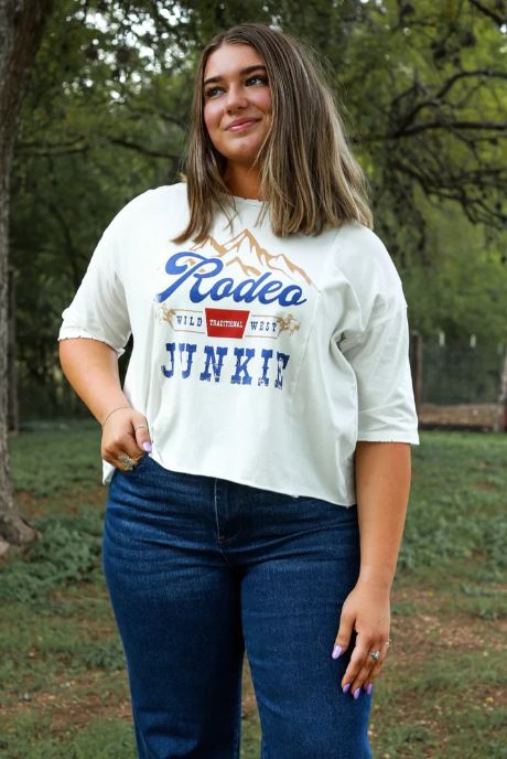 Southern Grace White Rodeo Junkie Women's Crop Tee Shirt 6893E-WHT-RJ