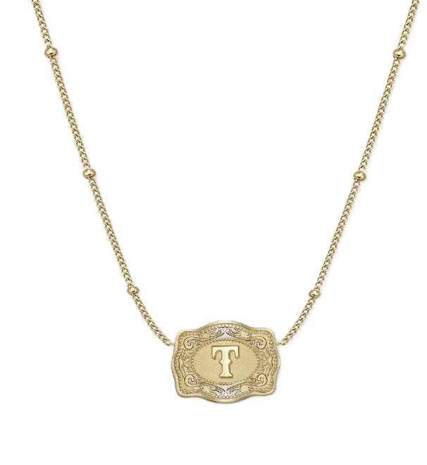 Spurwest Gold Ultra Mini Belt Buckle Necklace Initial T U-NK-GLD-BC-T