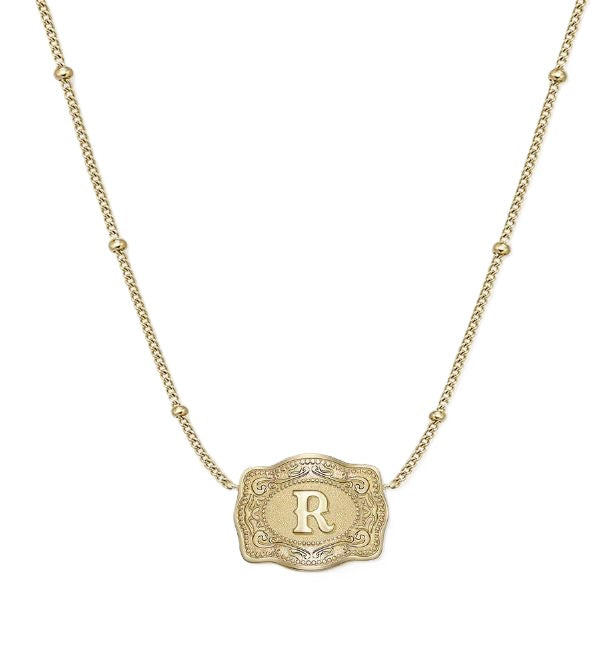 Spurwest Gold Ultra Mini Belt Buckle Necklace Initial R U-NK-GLD-BC-R