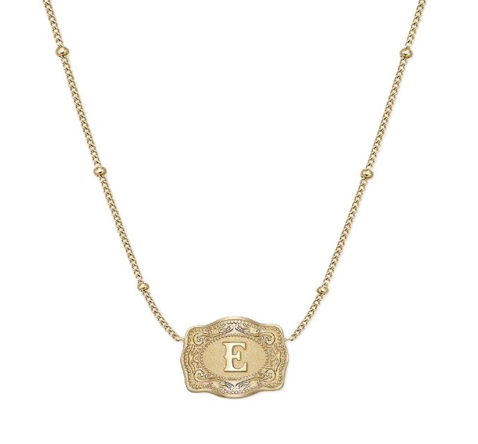 Spurwest Gold Ultra Mini Belt Buckle Necklace Initial E U-NK-GLD-BC-E
