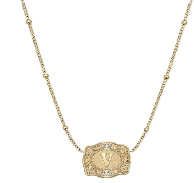 Spurwest Gold Ultra Mini Belt Buckle Necklace Initial V U-NK-GLD-BC-V