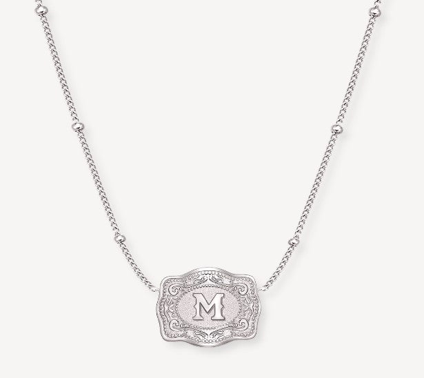 Spurwest Silver Ultra Mini Initial Belt Buckle Necklace - Letter M U-NK-SLV-BC-M